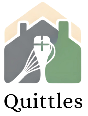 Logo with a house, wine bottle, and cross, featuring the brand 'Quittles'.