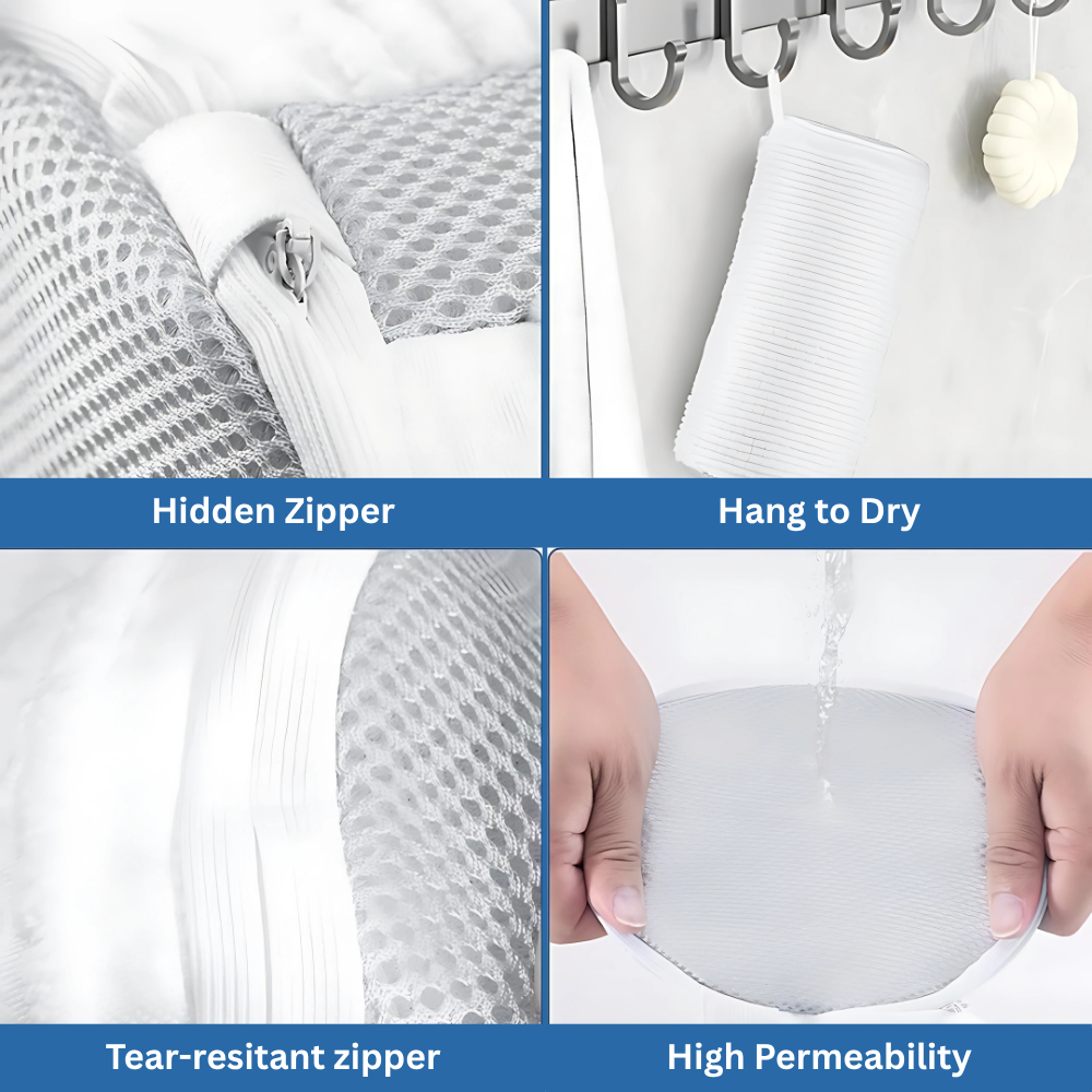 Product features including hidden zipper, ability to hang dry, tear-resistant zipper, and high permeability.