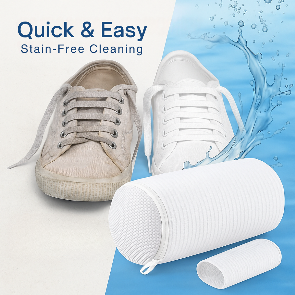 Cleaning product with white sneakers and water splash on a blue background